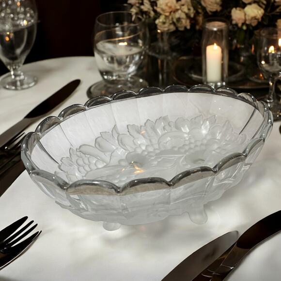 Sterling Silver-Rim Oval Bowl w/ glass legs. 12”x8”Vintage. Very Good cond.